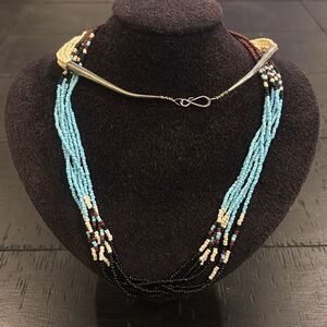 Vintage Glass Bead Turquoise Blue Black Necklace Native American Boho​ Artisan​​